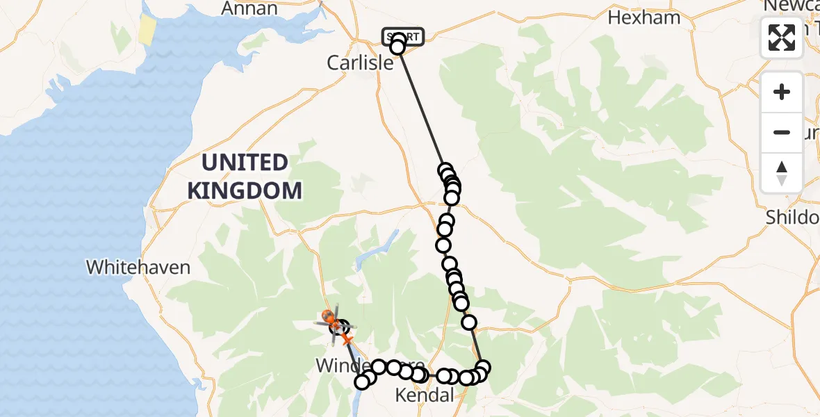 Flight route Coastguard Helicopter Carlisle Lake District Airport - Lakes, 10 June 2026, 09:30