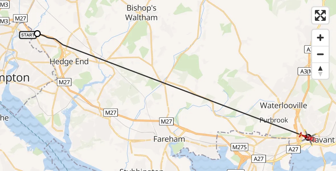 Flight route Air Ambulance Helicopter Southampton Airport - Havant, 10 June 2026, 09:31