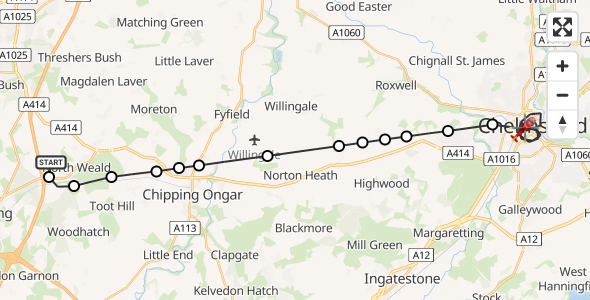 Flight route Air Ambulance Helicopter North Weald Airfield - Chelmsford, 10 June 2026, 09:40