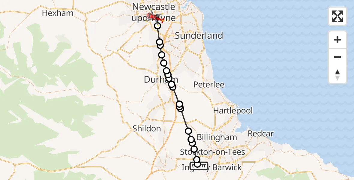 Flight route Air Ambulance Helicopter Egglescliffe - Gateshead, 10 June 2026, 09:49