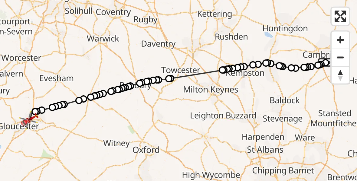 Flight route Air Ambulance Helicopter Addenbrooke Hospital - Tewkesbury, 10 June 2026, 09:49