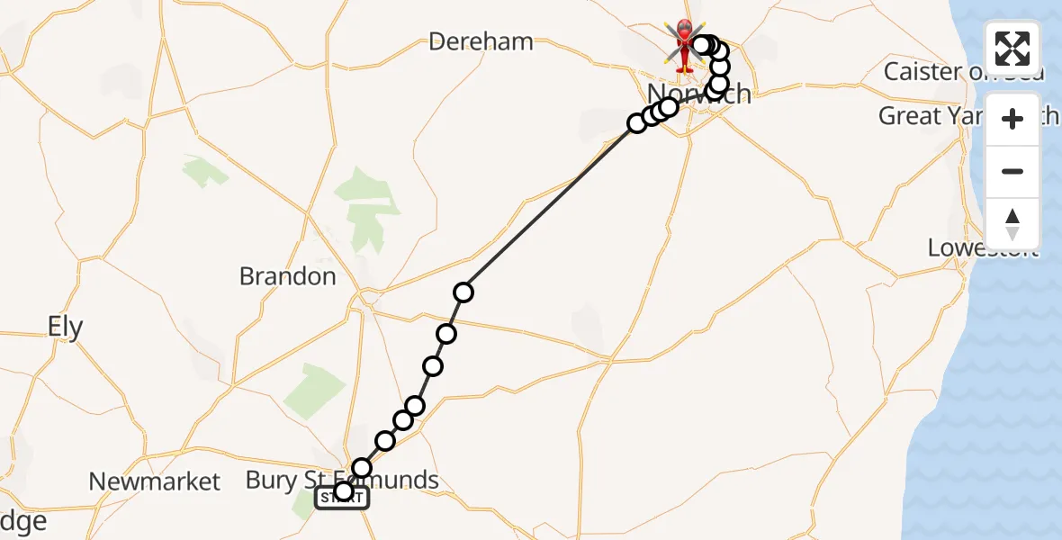 Flight route Air Ambulance Helicopter West Suffolk Hospital - Norwich Airport, 10 June 2026, 09:58