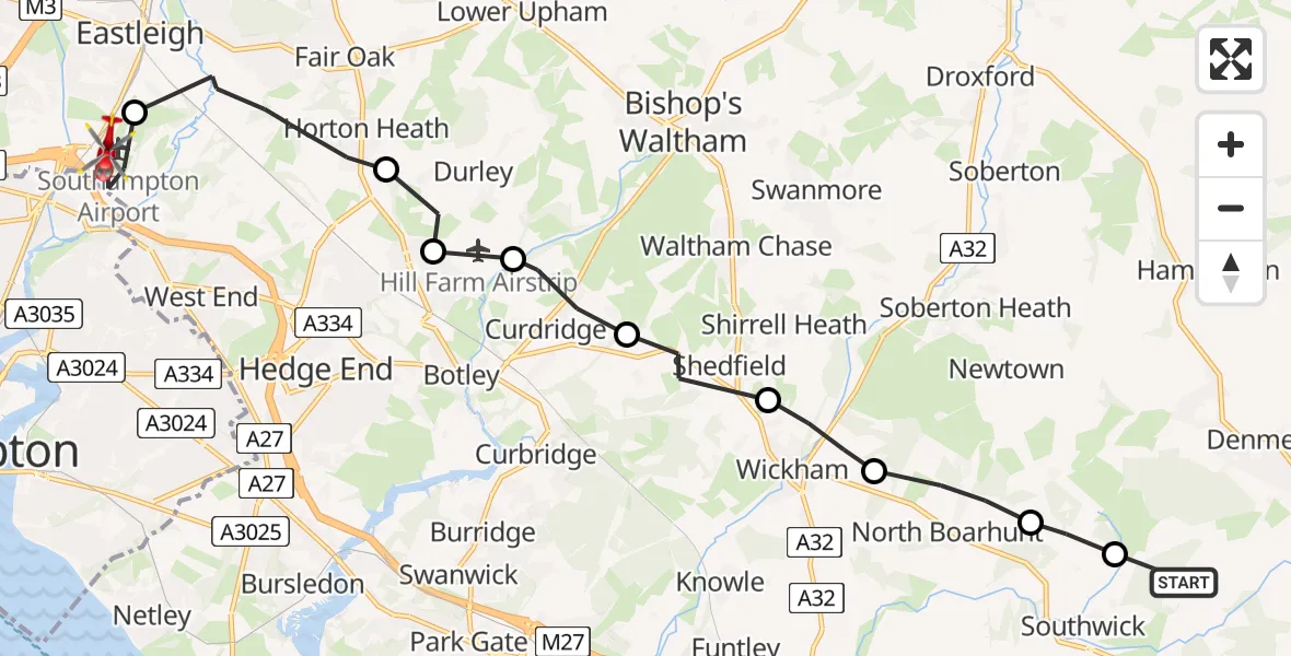 Flight route Air Ambulance Helicopter Winchester - Southampton Airport, 10 June 2026, 10:13
