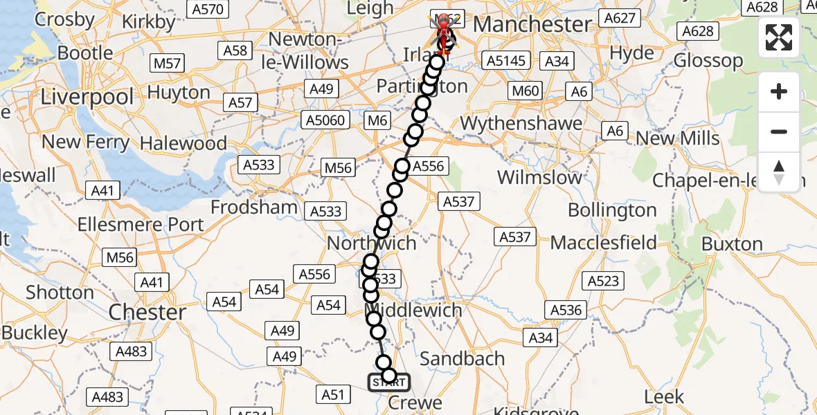 Flight route Air Ambulance Helicopter Crewe - Manchester Barton Aerodrome, 10 June 2026, 10:13