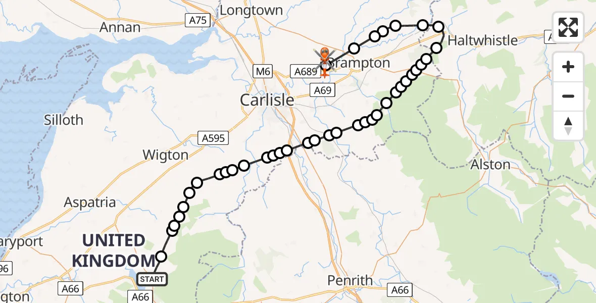Flight route Coastguard Helicopter Bassenthwaite - Carlisle Lake District Airport, 10 June 2026, 10:15