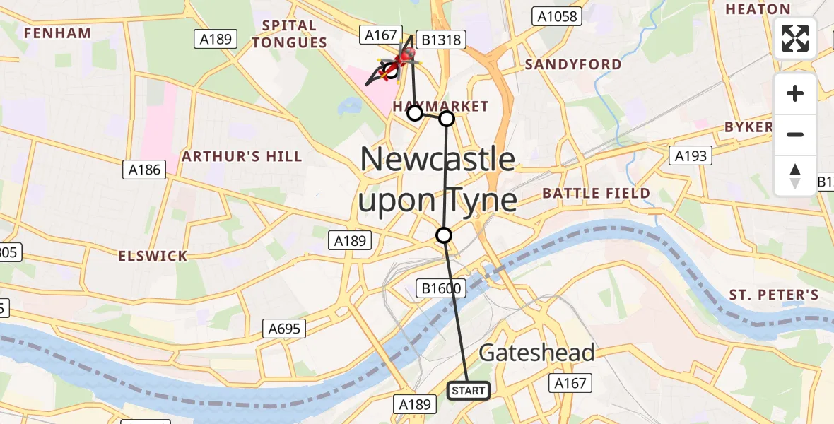Flight route Air Ambulance Helicopter Gateshead - Newcastle Royal Victoria Infirmary, 10 June 2026, 10:22