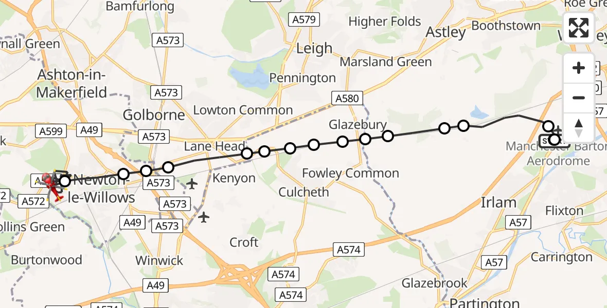 Flight route Air Ambulance Helicopter Manchester Barton Aerodrome - Earlestown, 10 June 2026, 10:30