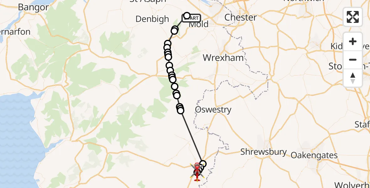 Flight route Air Ambulance Helicopter Rhydymwyn - Welshpool Airport, 10 June 2026, 10:34