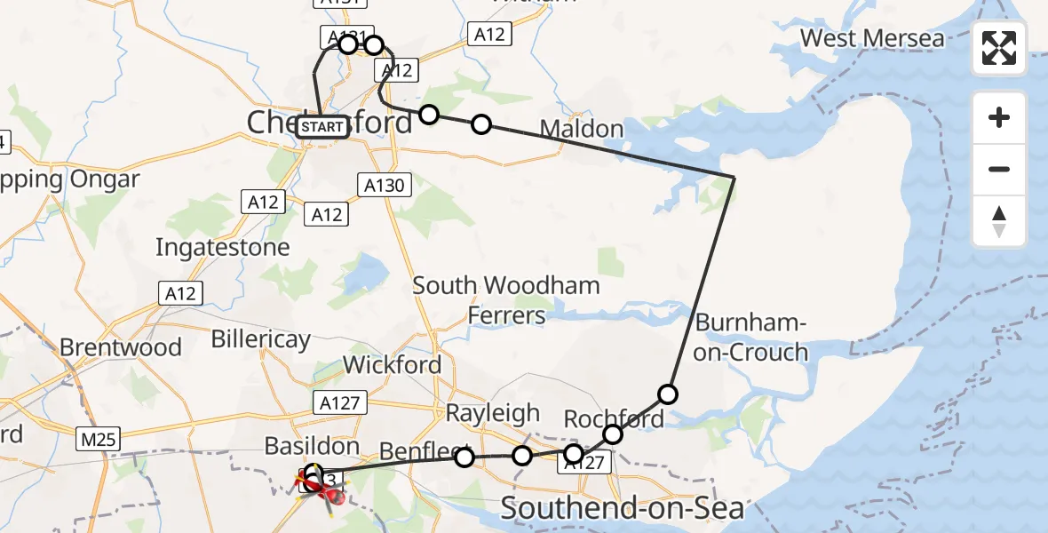 Flight route Air Ambulance Helicopter Chelmsford - Basildon, 10 June 2026, 10:34