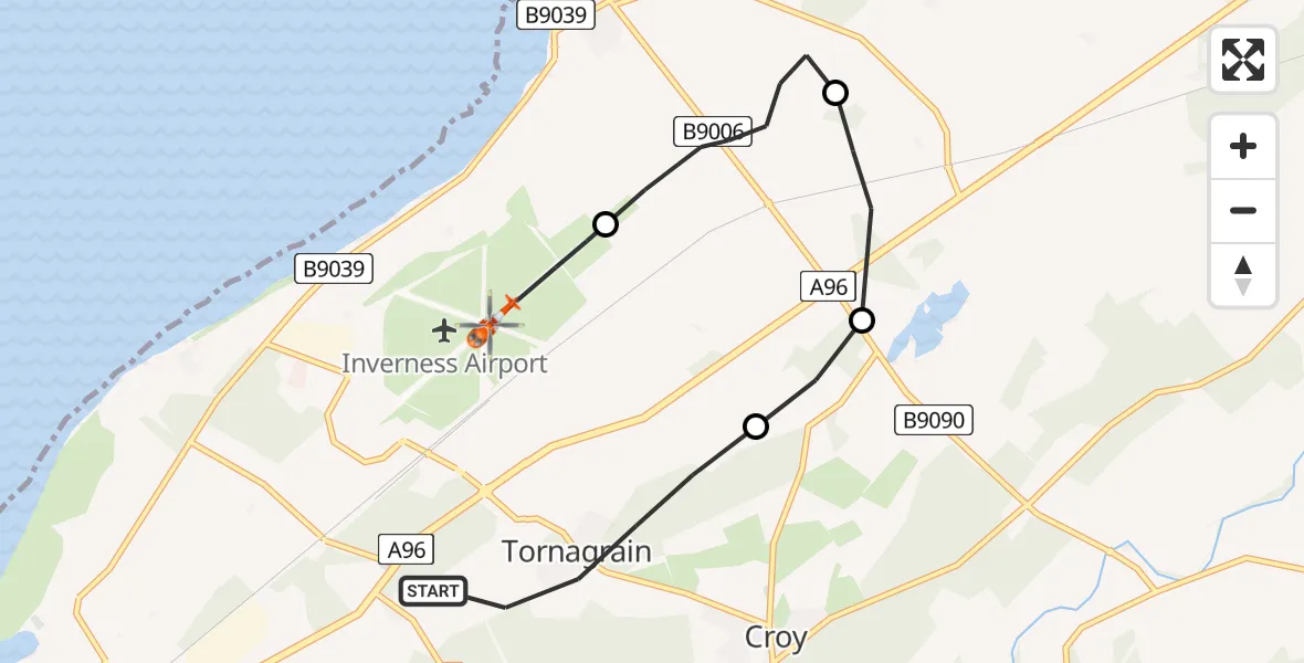Flight route Coastguard Helicopter Tornagrain - Inverness Airport, 10 June 2026, 10:37