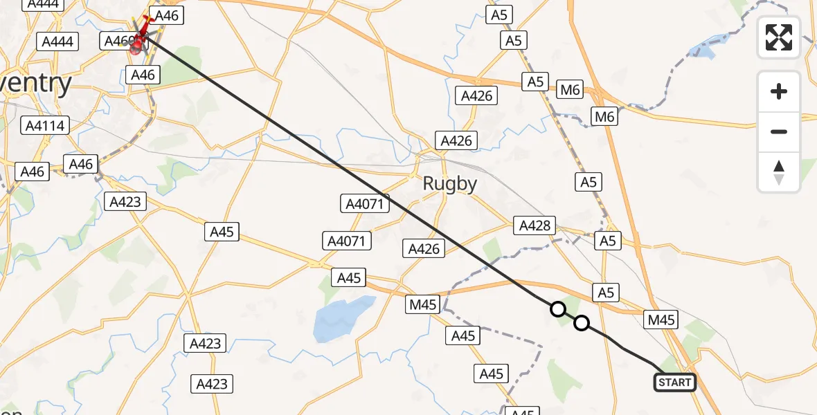 Flight route Air Ambulance Helicopter Ashby St Ledgers - Walsgrave, 10 June 2026, 10:45