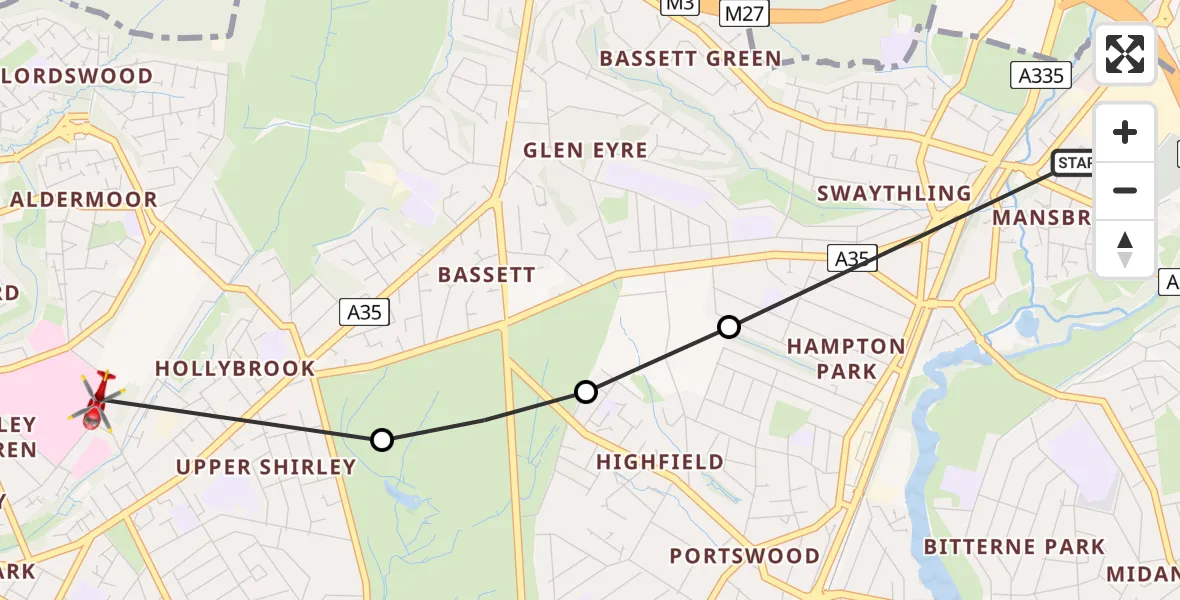 Flight route Air Ambulance Helicopter Mansbridge - University Hospital Southampton, 10 June 2026, 11:08