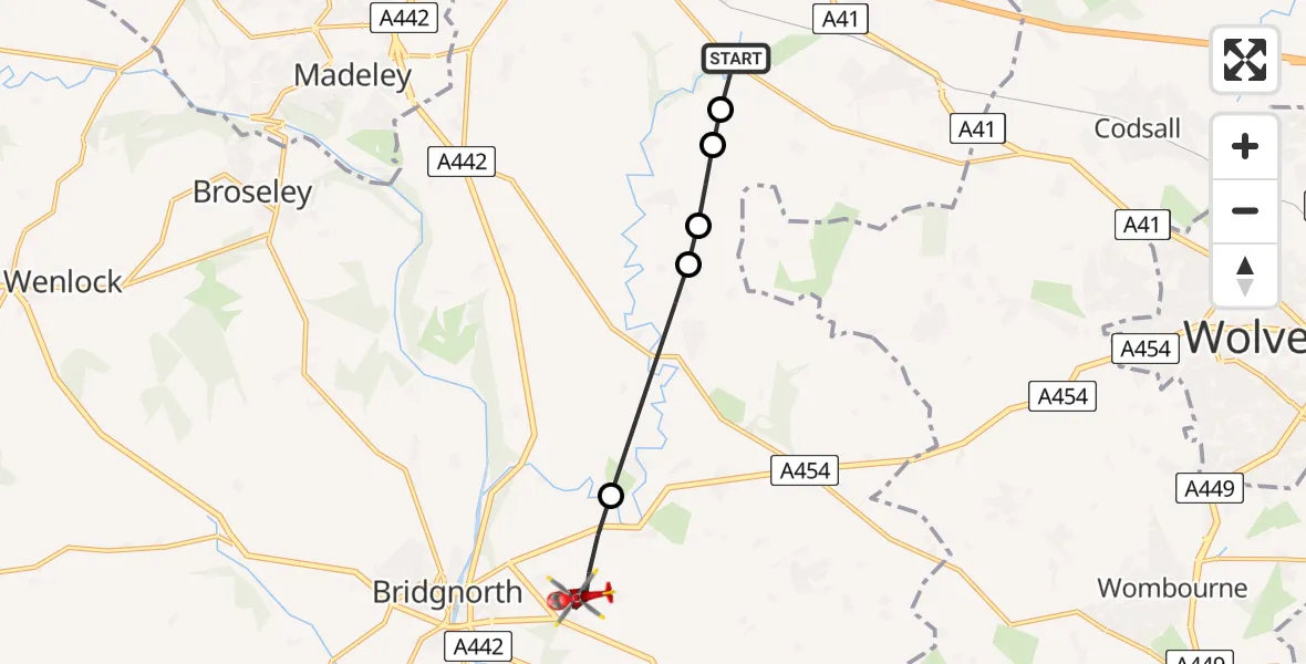 Flight route Air Ambulance Helicopter RAF Cosford - Worfield, 10 June 2026, 11:11