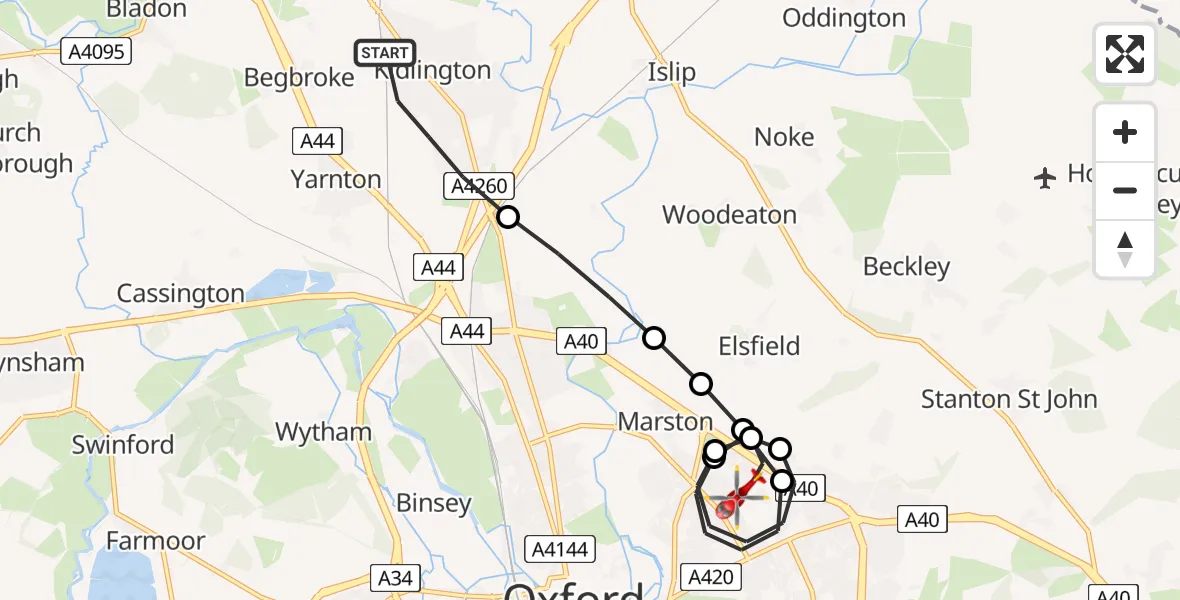 Flight route Air Ambulance Helicopter Kidlington - Oxford, 10 June 2026, 11:19
