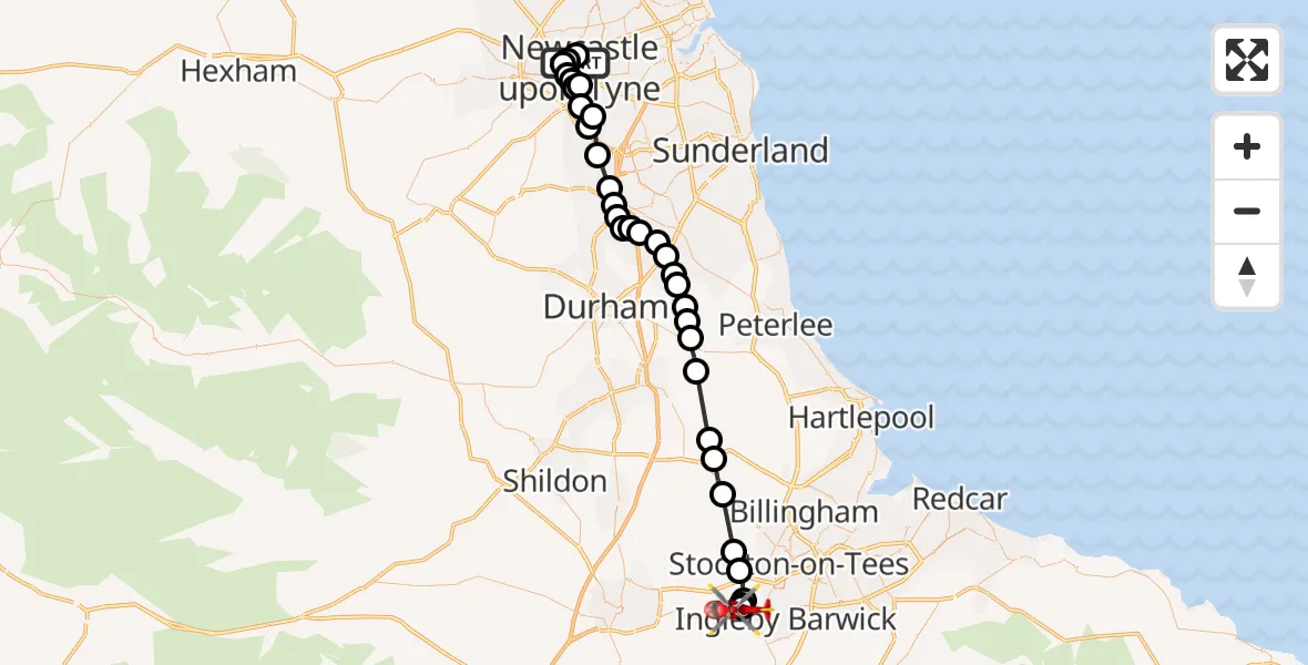 Flight route Air Ambulance Helicopter Newcastle Royal Victoria Infirmary - Egglescliffe, 10 June 2026, 11:20