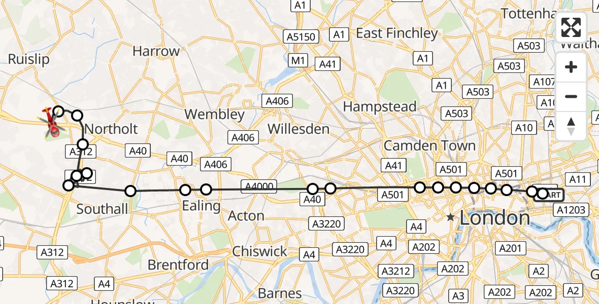 Flight route Air Ambulance Helicopter Royal London Hospital - RAF Northolt, 10 June 2026, 11:22