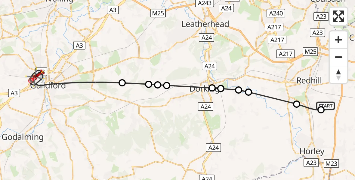 Flight route Air Ambulance Helicopter Redhill Aerodrome - Guildford, 10 June 2026, 11:25