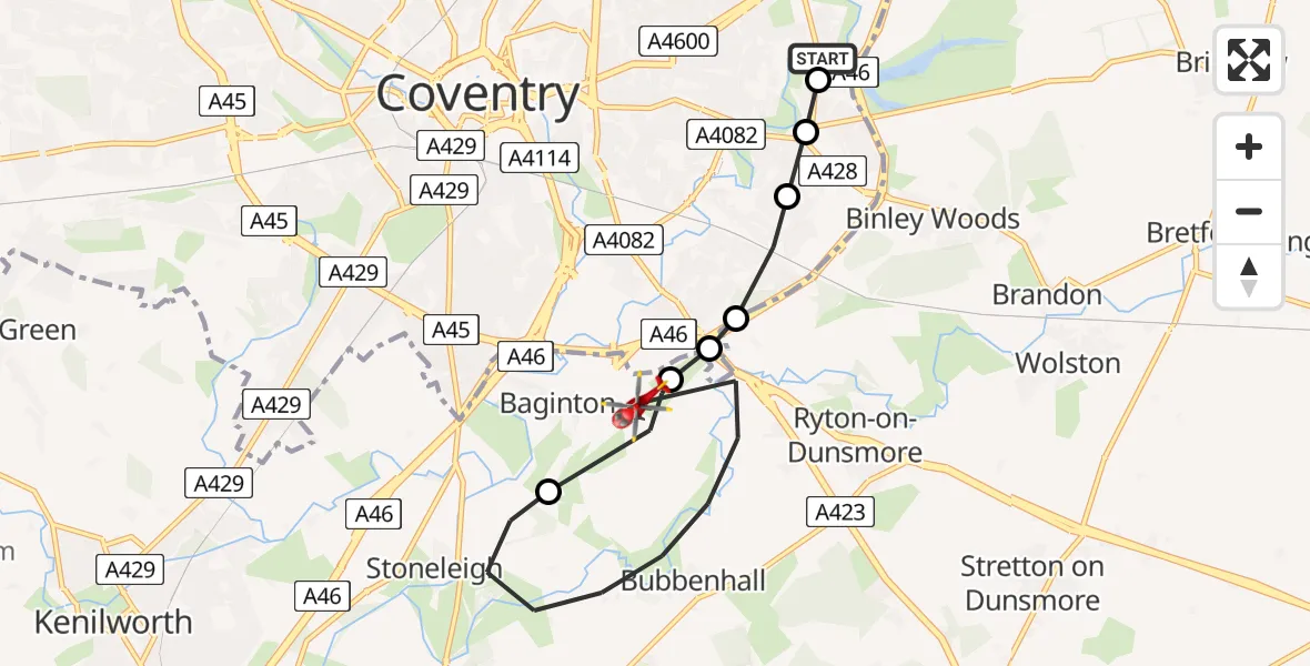 Flight route Air Ambulance Helicopter Clifford Park - Coventry Airport, 10 June 2026, 11:25