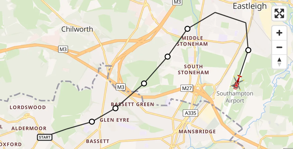Flight route Air Ambulance Helicopter Hollybrook - Southampton Airport, 10 June 2026, 11:32