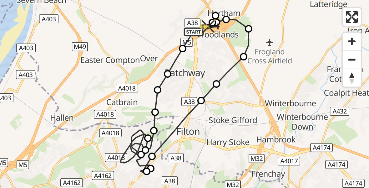 Flight route Police Helicopter Almondsbury - Almondsbury Helicopter Base, 10 June 2026, 11:41