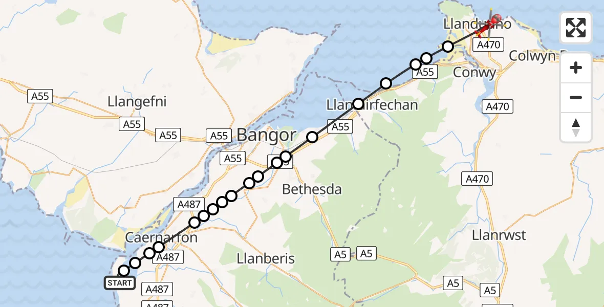 Flight route Air Ambulance Helicopter Caernarfon Airport - Llandudno, 10 June 2026, 11:41