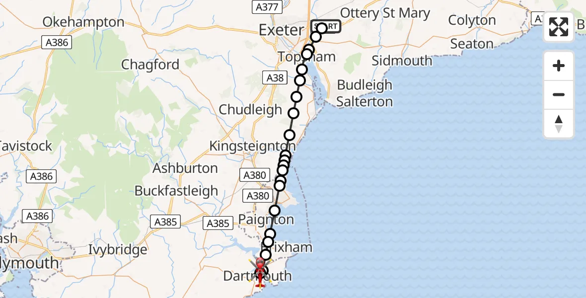 Flight route Air Ambulance Helicopter Exeter International Airport - Dartmouth, 10 June 2026, 11:41