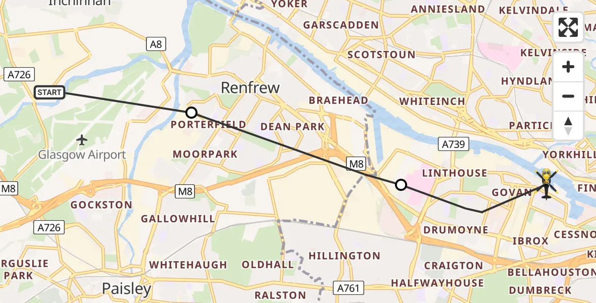 Flight route Police Helicopter Glasgow Airport - Glasgow City Heliport, 10 June 2026, 11:51