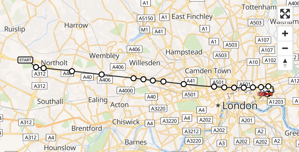 Flight route Air Ambulance Helicopter RAF Northolt - Royal London Hospital, 10 June 2026, 12:00