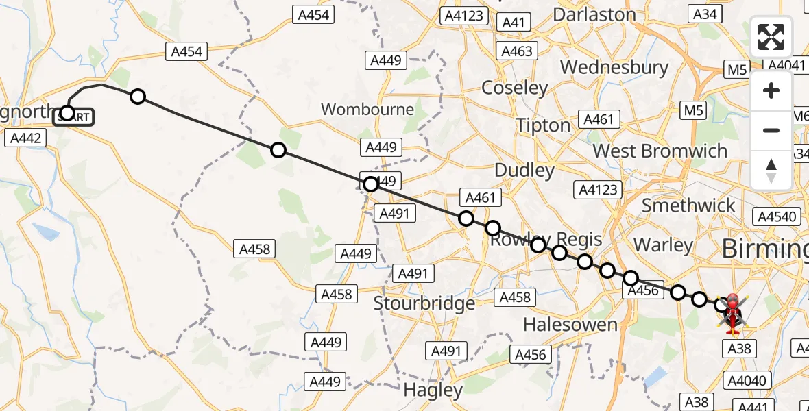 Flight route Air Ambulance Helicopter Worfield - Queen Elizabeth Hospital Helipad, 10 June 2026, 12:00