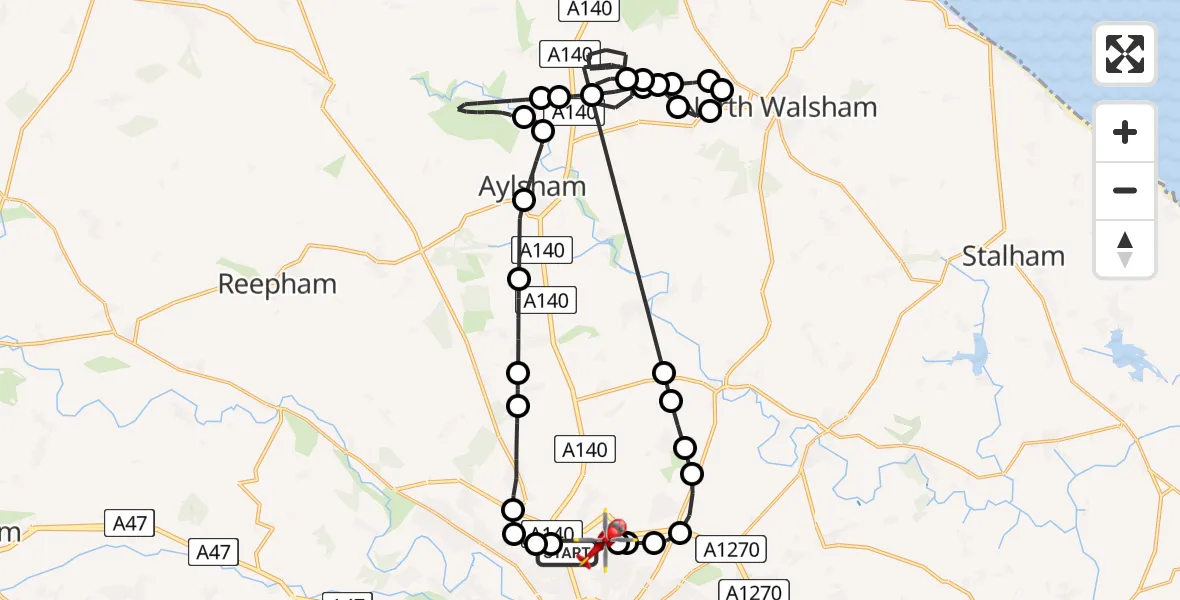 Flight route Air Ambulance Helicopter Norwich Airport - Norwich Airport, 10 June 2026, 12:07