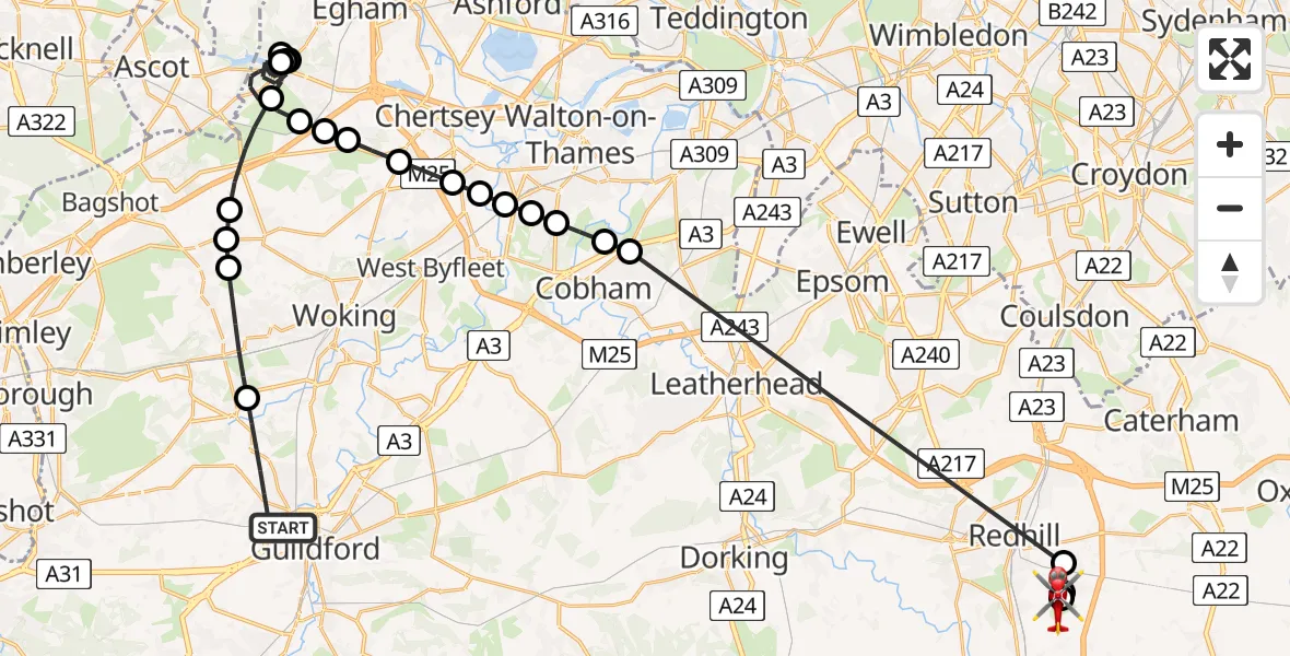 Flight route Air Ambulance Helicopter Guildford - Redhill Aerodrome, 10 June 2026, 12:15