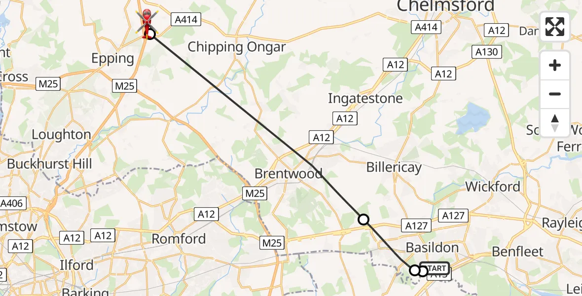 Flight route Air Ambulance Helicopter Basildon - North Weald Airfield, 10 June 2026, 12:27