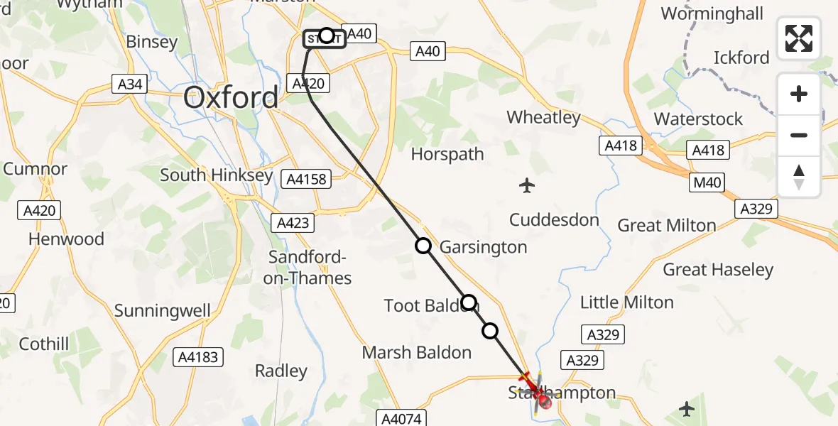 Flight route Air Ambulance Helicopter John Radcliffe Hospital - Stadhampton, 10 June 2026, 12:28