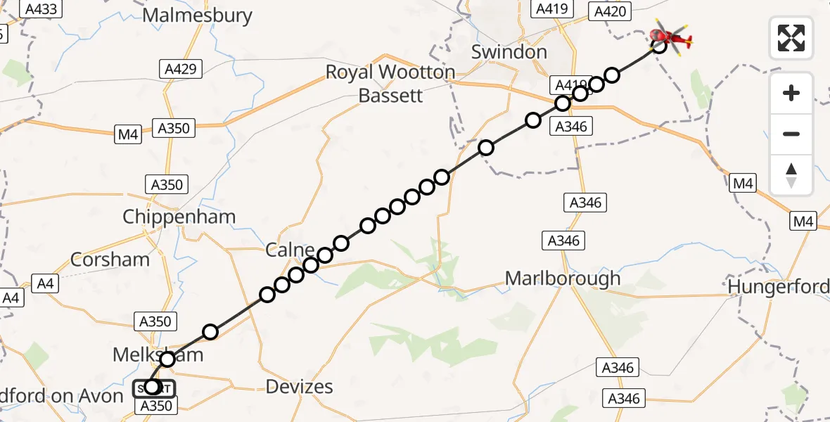 Flight route Air Ambulance Helicopter Wiltshire Air Ambulance - Ashbury, 10 June 2026, 12:38