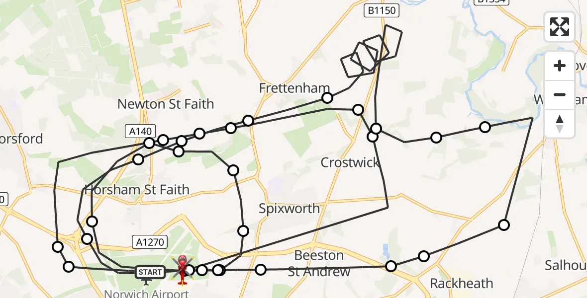 Flight route Air Ambulance Helicopter Norwich Airport - Norwich Airport, 10 June 2026, 12:43