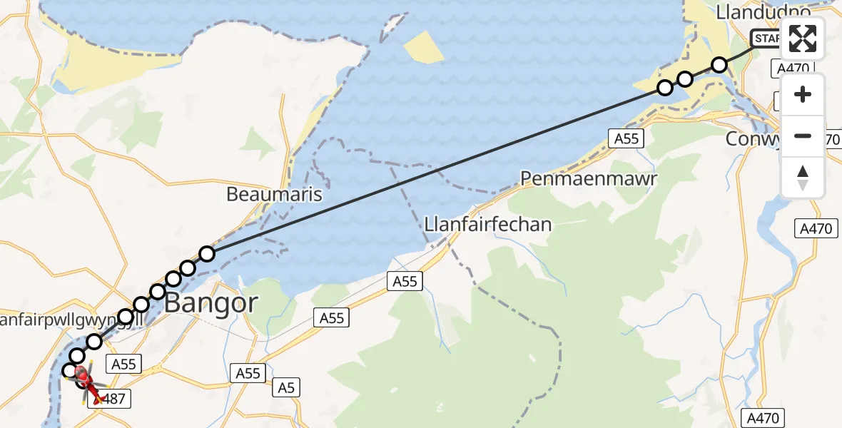 Flight route Air Ambulance Helicopter Llandudno - Pentir, 10 June 2026, 12:48
