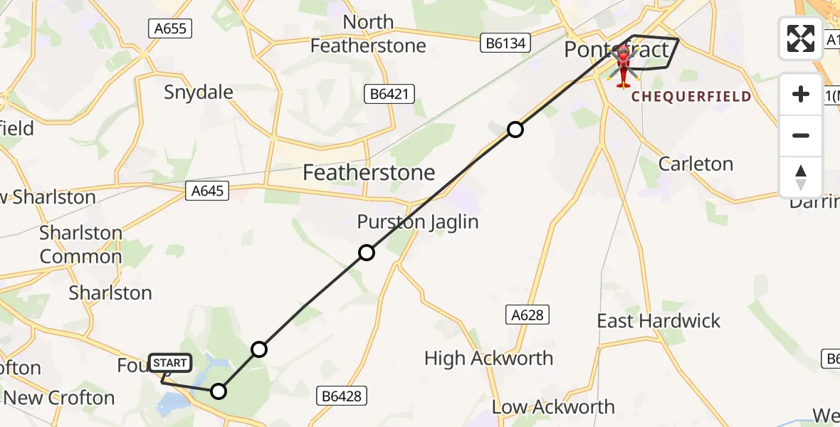 Flight route Air Ambulance Helicopter YAA Nostell Helicopter Port - Pontefract, 10 June 2026, 13:05