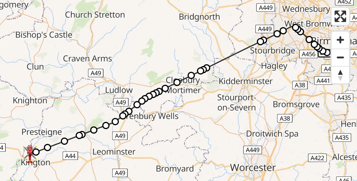 Flight route Air Ambulance Helicopter Queen Elizabeth Hospital Helipad - Kington Rural, 10 June 2026, 13:06
