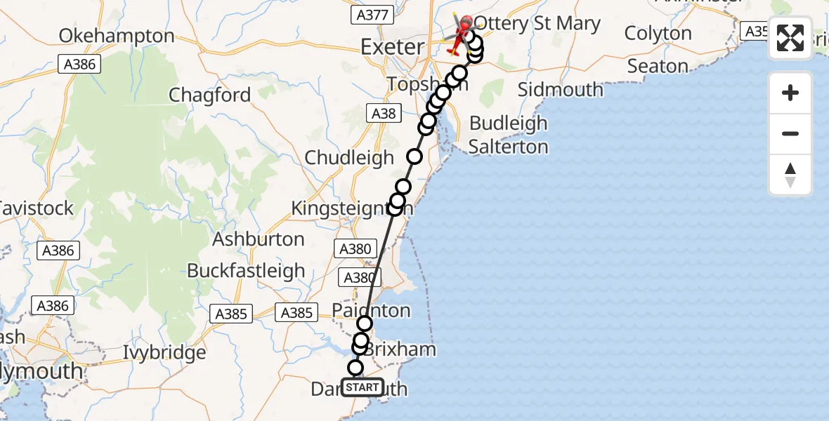 Flight route Air Ambulance Helicopter Dartmouth - Exeter International Airport, 10 June 2026, 13:07