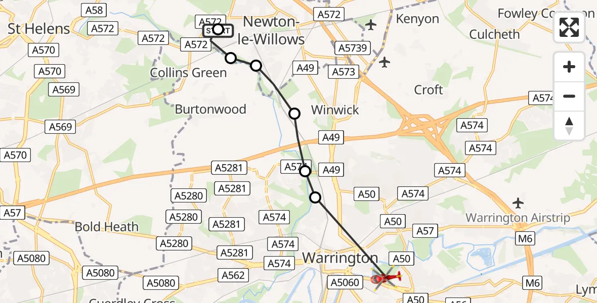 Flight route Air Ambulance Helicopter Earlestown - Warrington, 10 June 2026, 13:14