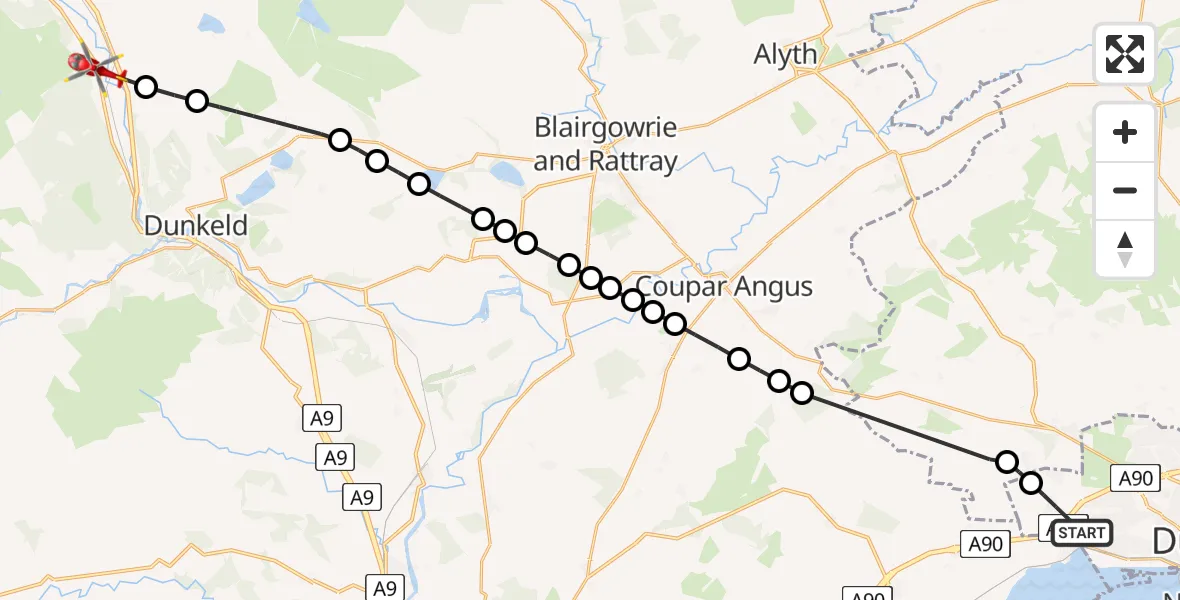 Flight route Air Ambulance Helicopter Dykes of Gray - Dalguise, 10 June 2026, 13:15