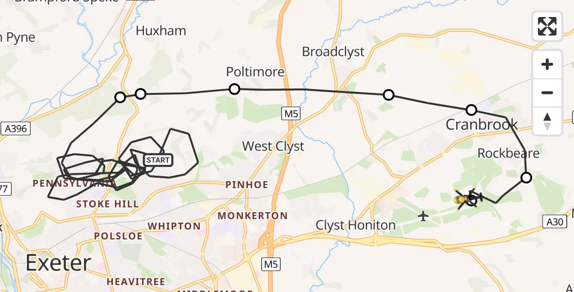 Flight route Police Helicopter Exeter - Exeter International Airport, 10 June 2026, 13:18