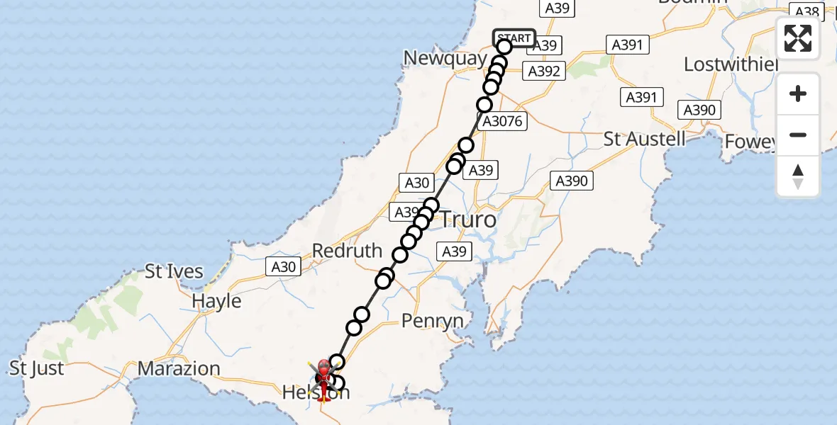 Flight route Air Ambulance Helicopter Cornwall Airport Newquay - Helston, 10 June 2026, 13:27
