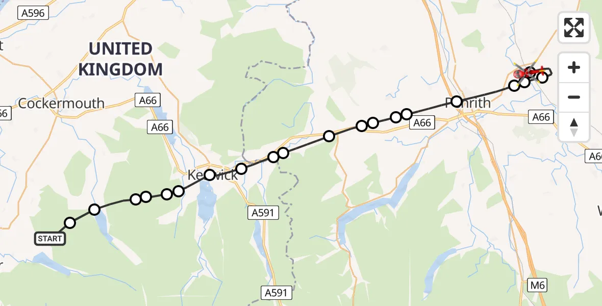 Flight route Air Ambulance Helicopter Ennerdale and Kinniside - Edenhall, 10 June 2026, 13:27