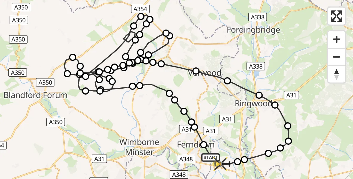 Flight route Police Helicopter Parley Cross - Bournemouth Airport, 10 June 2026, 13:41