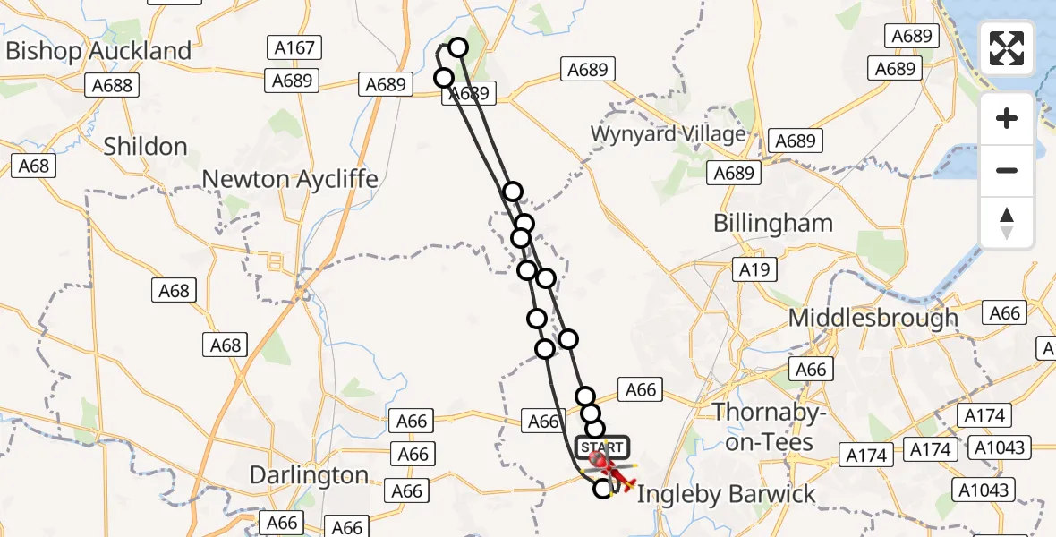 Flight route Air Ambulance Helicopter Longnewton - Egglescliffe, 10 June 2026, 13:42