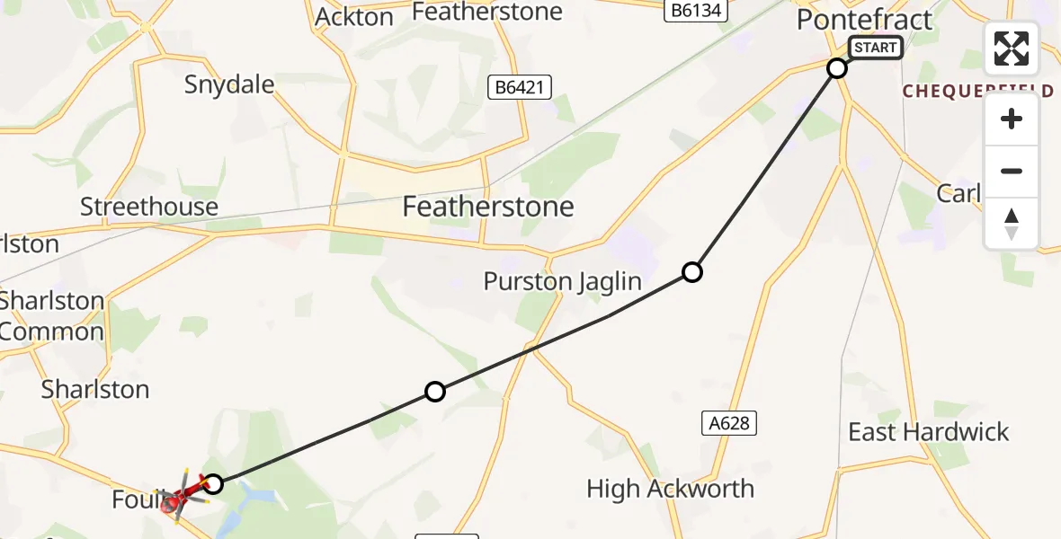Flight route Air Ambulance Helicopter Pontefract - YAA Nostell Helicopter Port, 10 June 2026, 13:44