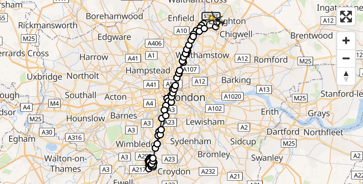 Flight route Police Helicopter Sewardstonebury - Sewardstonebury, 10 June 2026, 13:45
