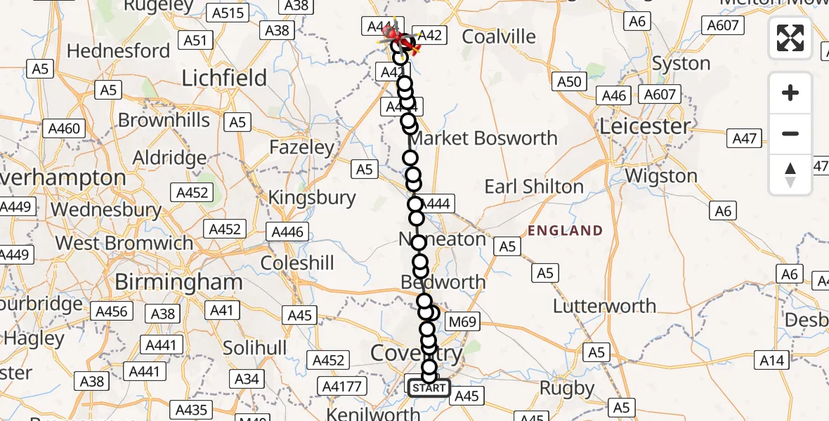 Flight route Air Ambulance Helicopter Coventry Airport - Donisthorpe, 10 June 2026, 13:45