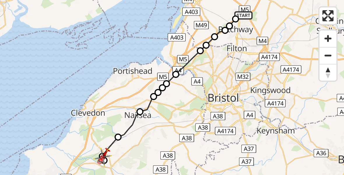 Flight route Air Ambulance Helicopter Almondsbury Helicopter Base - Yatton, 10 June 2026, 13:45